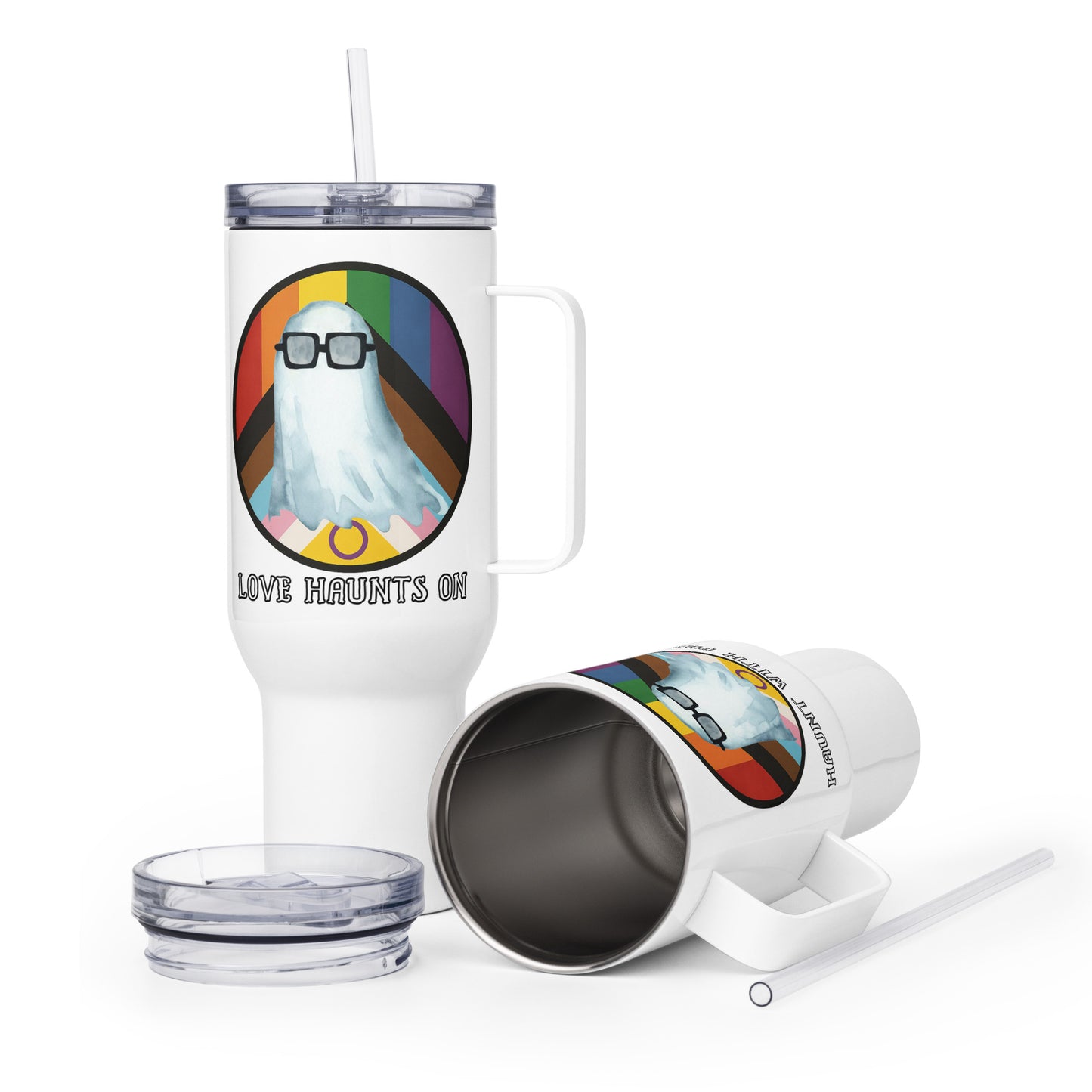 Spooky Pride Two-Sided Travel mug with a handle
