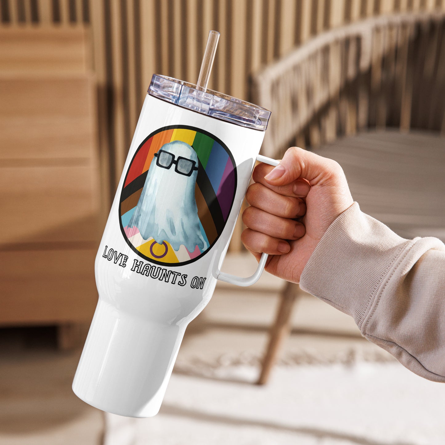 Spooky Pride Two-Sided Travel mug with a handle