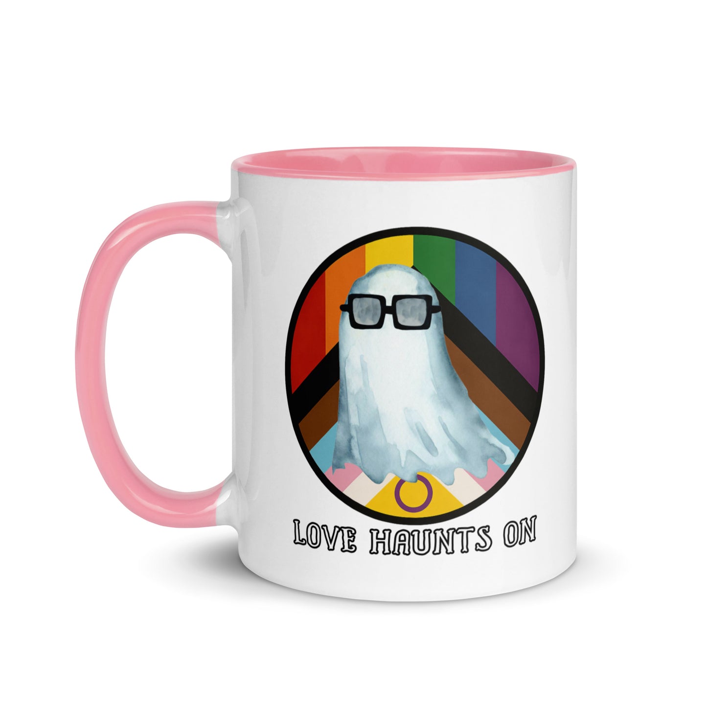 Mug with a ghost wearing glasses and rainbow colors, and text 'Love Haunts On' on a white background.