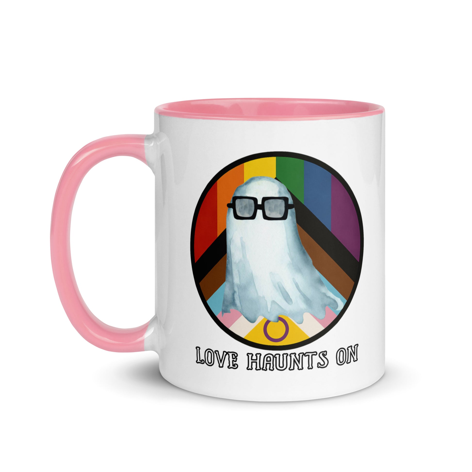 Mug with a ghost wearing glasses and rainbow colors, and text 'Love Haunts On' on a white background.